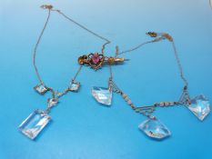 Two Art Deco 9ct gold necklaces set with quartz and a 9ct gold sweetheart brooch