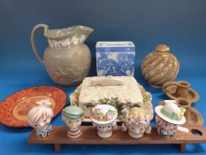 A Wedgwood hunting scenes jug, a sardine dish, a creamware plate, a Thoresby Hall chamber stick,