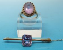 A 9ct gold amethyst brooch and a 9ct gold amethyst ring (size P)
