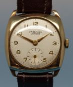 A 9ct gold cased J W Benson gentleman's cushion-shaped wristwatch with subsidiary dial,