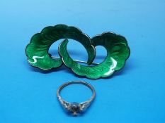 A Norwegian silver guilloché enamelled brooch in a free form leaf design,