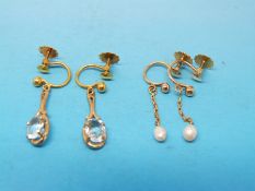 Two pairs of 9ct gold earrings one set with quartz and one with pearl drops