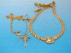 Two yellow metal crucifixes marked 9ct on 9ct gold chains and a plated necklace (4.