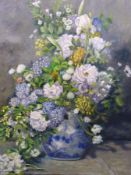 Anthony Willis: A large still life of assorted flowers in blue and white vase (signed and dated)