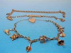 A yellow metal charm bracelet set with eight charms together with two 9ct gold bracelets,