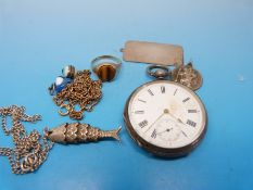 A pocket watch marked 935, a 9ct ring set with tigers eye, a articulated fish pendant,
