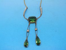 A 9ct gold Edwardian necklace set with a large square central tourmaline and two droppers with