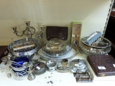A quantity of silver plated items to include candelabra, tray,