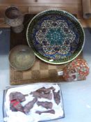 An Eastern white metal pierced stand, copper bowl, ceramic covered pot,