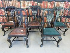 A set of six 19thC William and Mary style ebonised and chinoiserie decorated dining chairs with