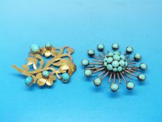 A yellow metal and turquoise foliate and floral brooch together with a starburst turquoise and