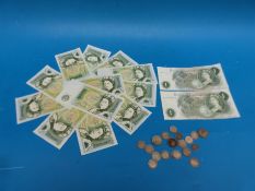 Fourteen pre decimal one pound notes,