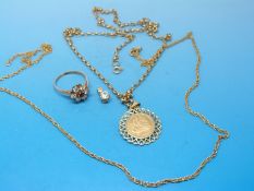 A 9ct gold chain, 9ct gold ring set with cubic zirconia in a flower custer,