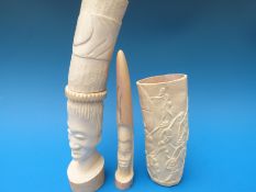 Three tribal carved ivory tusks, two in the form of busts, tallest 30cm>
(31cm,