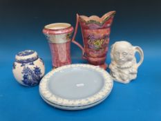 A large Maling jug in the Asturia pattern, Peony Rose footed vase, Wedgwood plates,