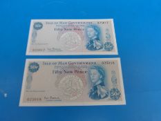 Two Isle of Man government consecutive pre-letter issue type 50p bank notes