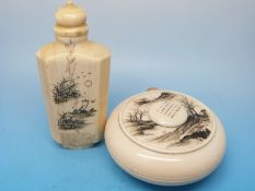 A Chinese ivory snuff bottle with engraved decoration together with an ivory lidded pot,