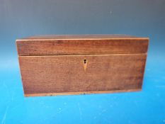 A 19thC mahogany two compartment tea caddy with central space for mixing bowl,