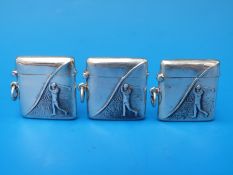 Three white metal golfing interest vesta cases each marked sterling