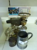 A plated pierced salver, plated serving spoons, a hallmarked silver fob, money box,