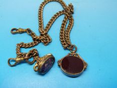 A 9ct gold swivel fob set with bloodstone and an ingot set with amethyst