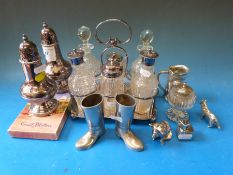 A plated six bottle glass cruet, various sifters, novelty items including snooker chalk holder, pig,
