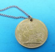 A 1905 gold full sovereign drilled for a pendant