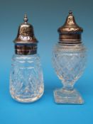 A pedestal cut glass hallmarked silver mounted sifter (Chester 1928) and one other silver-mounted