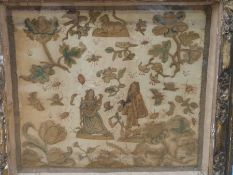 A 17thC embroidery of sweethearts in a garden,