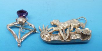 A Charles Horner silver brooch in the form of a thistle set with an amethyst and a hallmarked