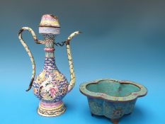 A 19thC Chinese enamel ewer together with a 19thC cloisonné planter