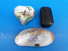 A lacquer snuff box with pewter geometric inlay,