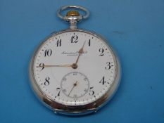 A gentleman's continental silver cased keyless pocket watch by IWC Schaffhausen c1910,