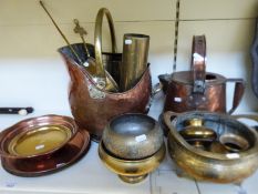 A quantity of copper and brassware including coal scuttle, water can,