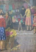 Henry Lamb: RA oil on canvas of a busy French market, flower seller etc.