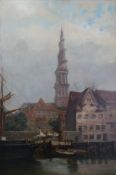 Framed 19thC school oil on canvas of a quayside scene, possibly Dutch, signature indistinct.