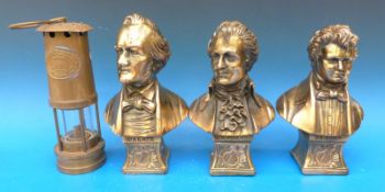 A brass miner's lamp together with three bronzed busts of composers signed A.L.