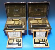 Two cased sets of brass standard weights, 7lb down to 1/2 dr,