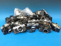 A quantity of SLR cameras and lenses including Pentax, Canon AE1, Nikkormat,