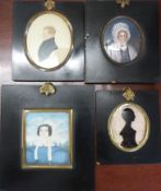 Four silhouettes / miniatures including a silhouette reverse painted on glass