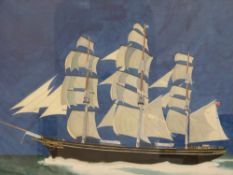 Ian Rolls: A large watercolour of the Cutty Sark sailing in moonlight,