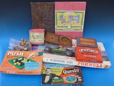 A quantity of circa 1950's board games etc, includes a miniature wooden roulette wheel, chess set,