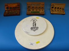 Three near complete sets of weights in wooden cases and two ceramic scale pans