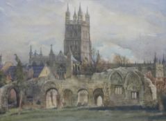 Donald H Edwards: Watercolour of St Oswald's Priory and Gloucester Cathedral (29cm x 43cm)