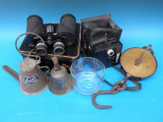 Salter spring balance scales to 200lb, oil can, brass bell, scope 7 x 50 binoculars,