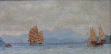 William Cushing Loring (1879 - 1959): Oil of Chinese junks off the coast of China, signed 'W.