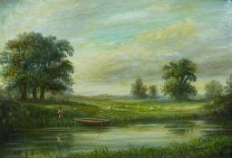 A pair of oriental floral watercolours on silk together with an oil on canvas of a doll like girl