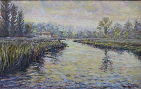 Clare Gordon impressionist style 'Chilbolton' oil on board (36cm x 60 cm)