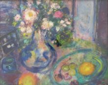 Anne Redpath: framed and glazed still life of flowers and fruit,