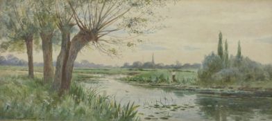 Arthur Glendening: Watercolour of river landscape with fisherman signed 'Arthur Glendening 1919'